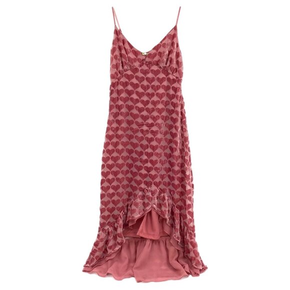 Betsey Johnson Pink Velvet Heart Ruffle Hi-Low Midi Dress | Size 0 - Picture 1 of 8